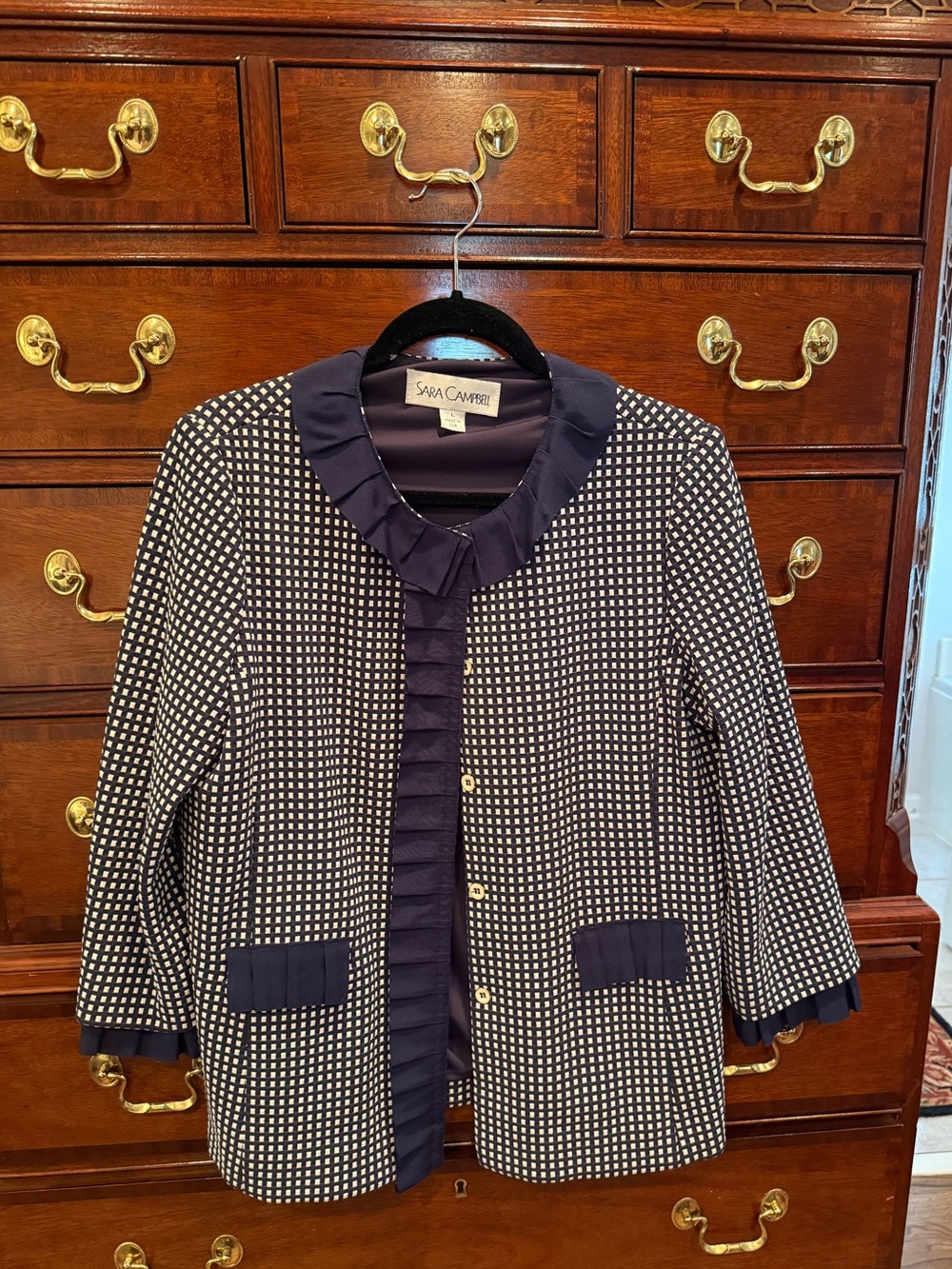Sara Campbell Navy and White Checked Ruffle-Trim Blazer Large